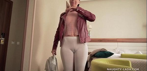  Thin white tight leggings and sheer blouse… Did you check out my cameltoe ;)